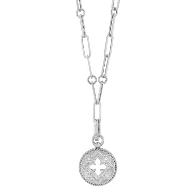 Roberto Coin Venetian Princess White Gold Cutout Medallion Pendant with Diamond Accents, 19"