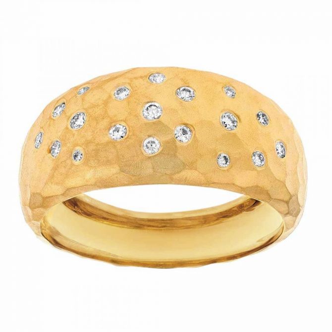 Marika Scattered Diamond Flush Set Wide Band Ring in Hammered Yellow Gold