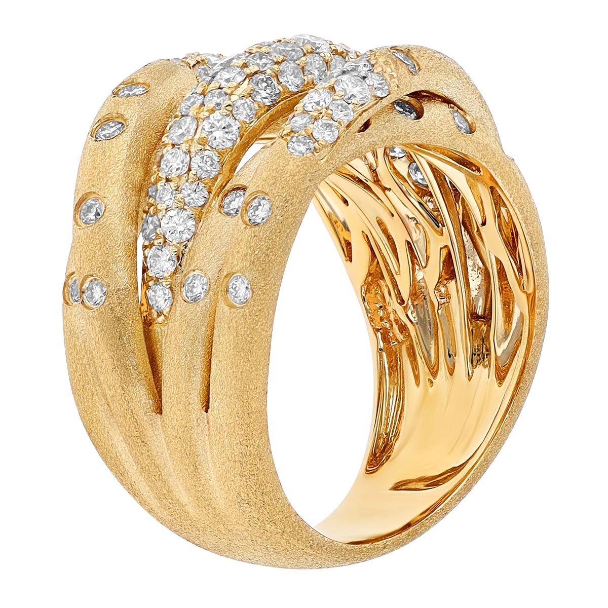 Scattered Diamond Flush Set Multi Row Crossover Ring in Yellow Gold