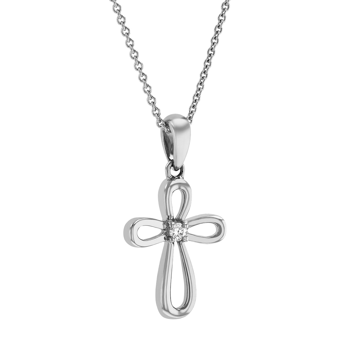 Diamond Cross Necklace in White Gold, 0.02 cttw