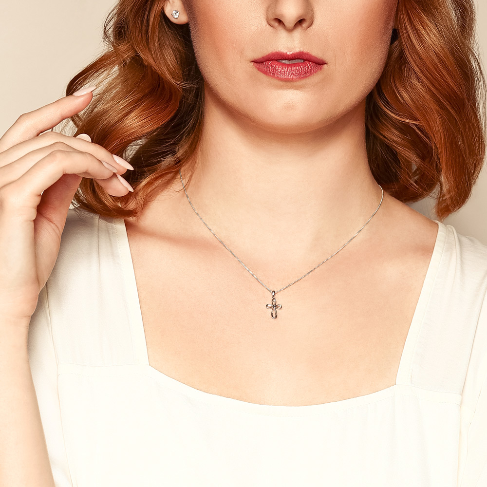 Diamond Cross Necklace in White Gold, 0.02 cttw