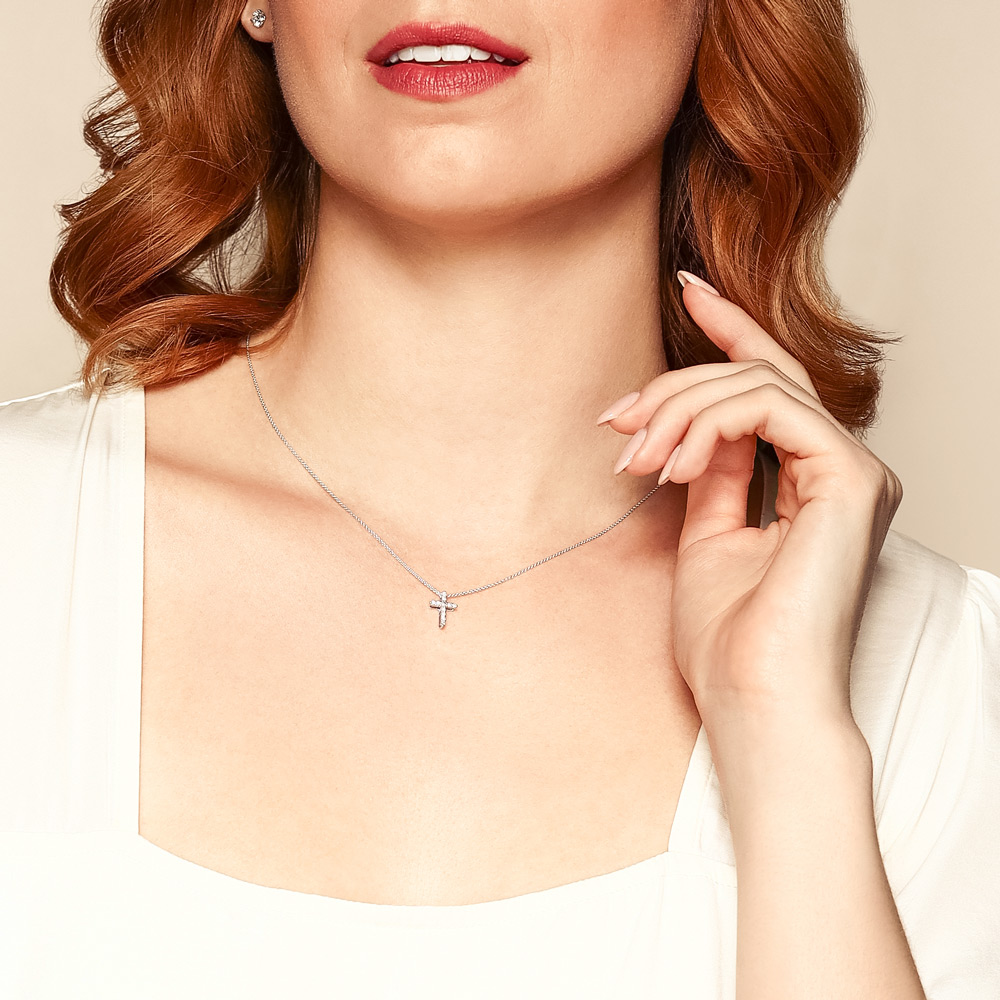 Diamond Cross Necklace in White Gold, 0.14 cttw