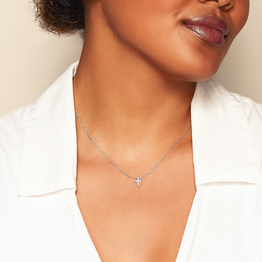 Diamond Cross Pendant Necklace in White Gold, 0.09 cttw
