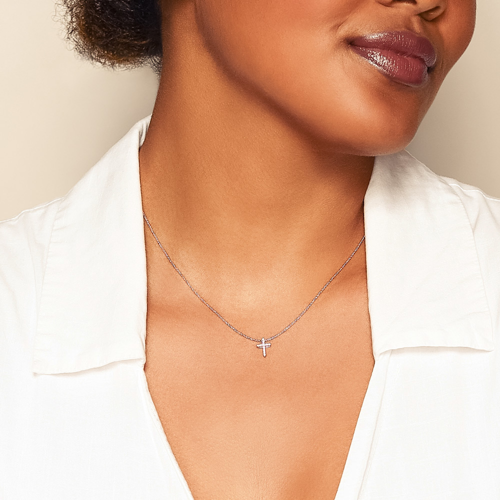 Diamond Cross & Rose Gold Necklace, 0.09 cttw