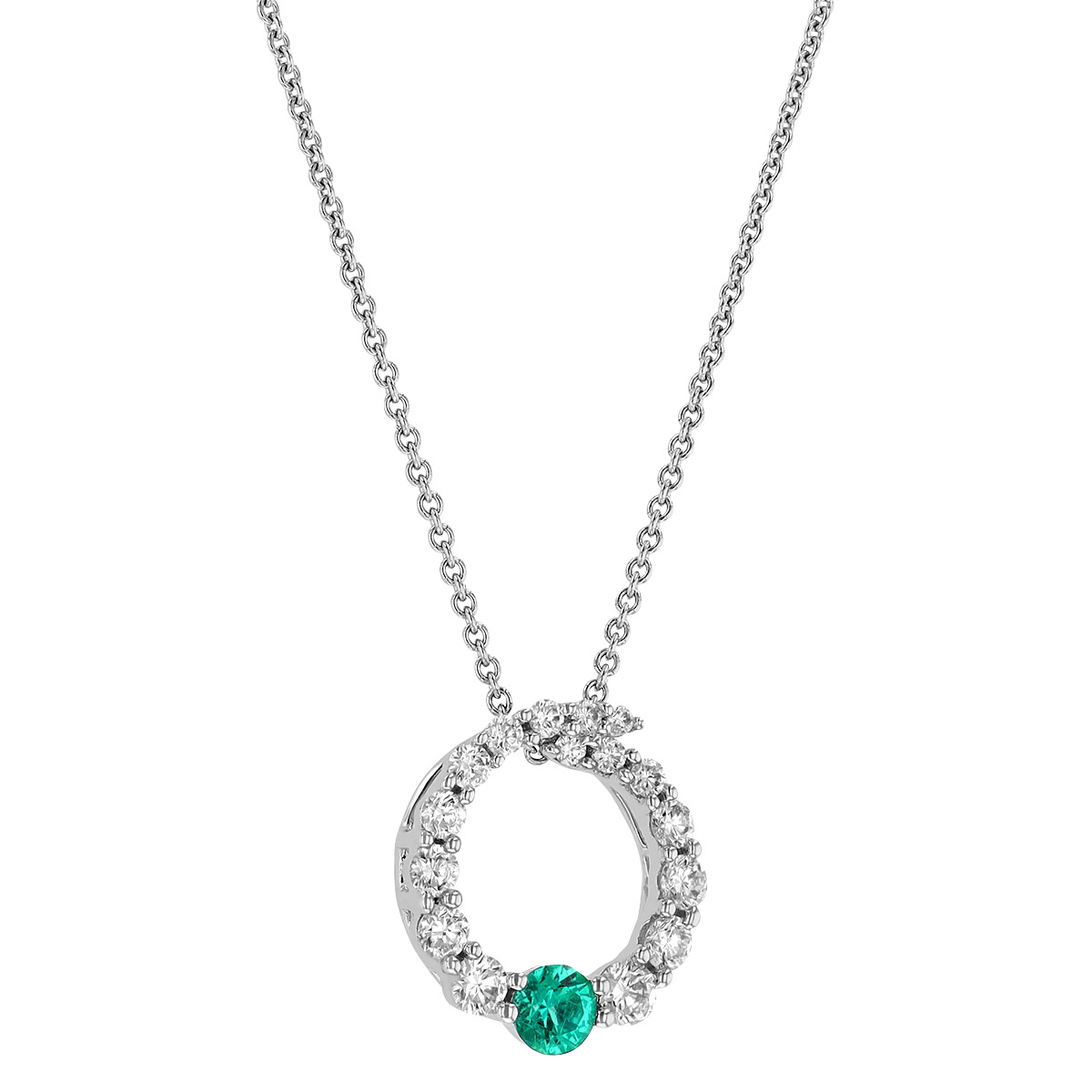 Emerald & Diamond Circle Pendant in White Gold, 18