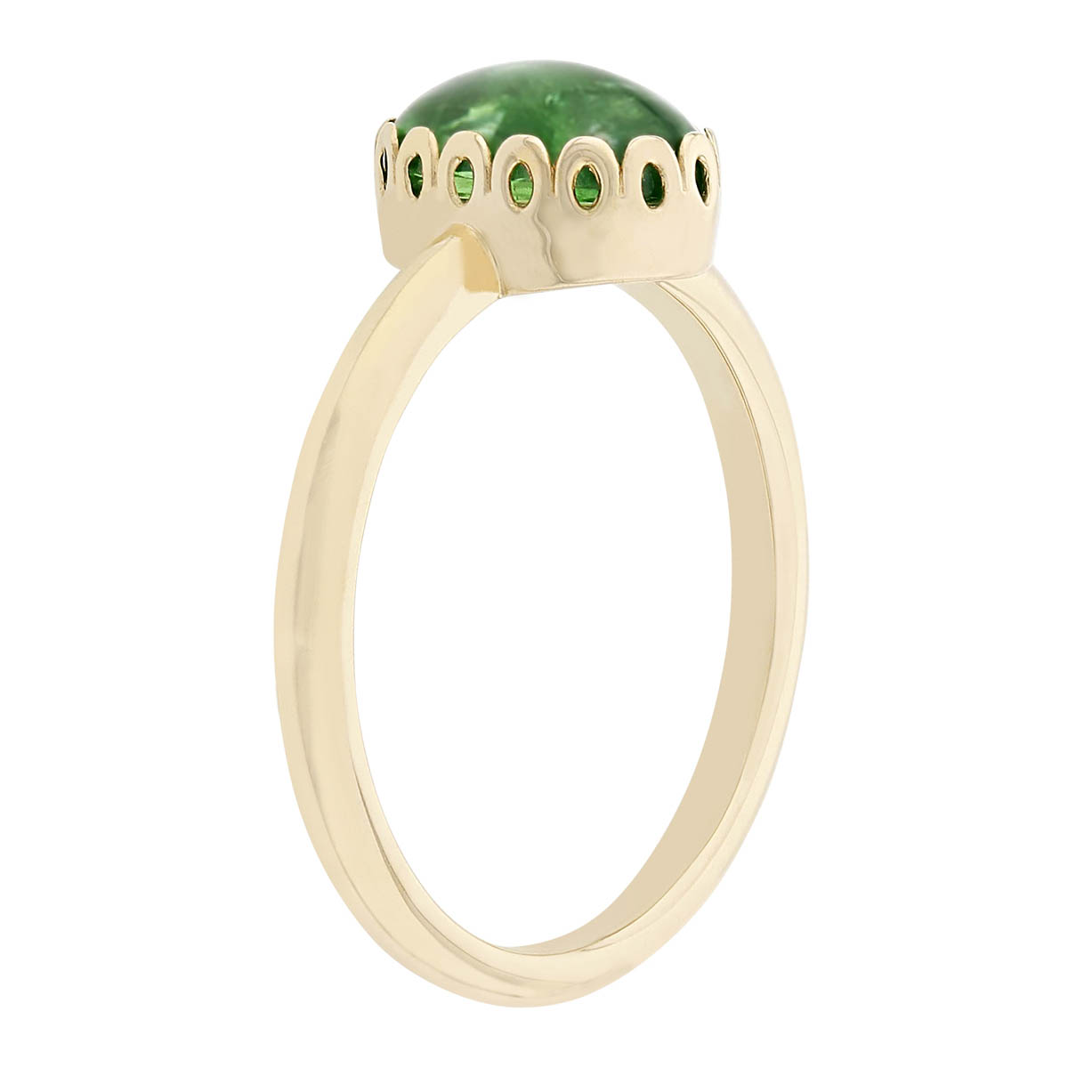 Oval Green Garnet Cabochon Scalloped Bezel Ring in Yellow Gold