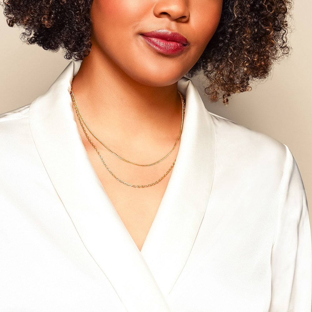 Zoe Chicco Yellow Gold Extra Small Curb & Small Square Oval Link Double Chain Necklace, 20