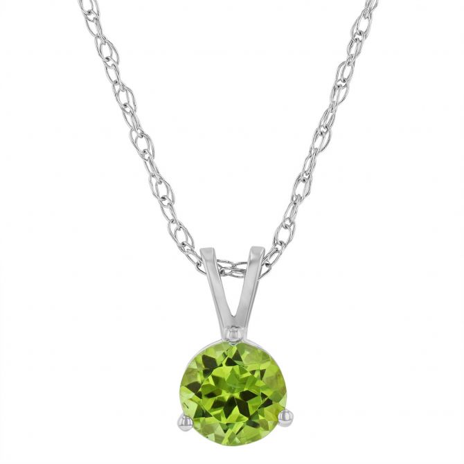 Round Peridot Solitaire 6 mm Pendant in White Gold, 18"