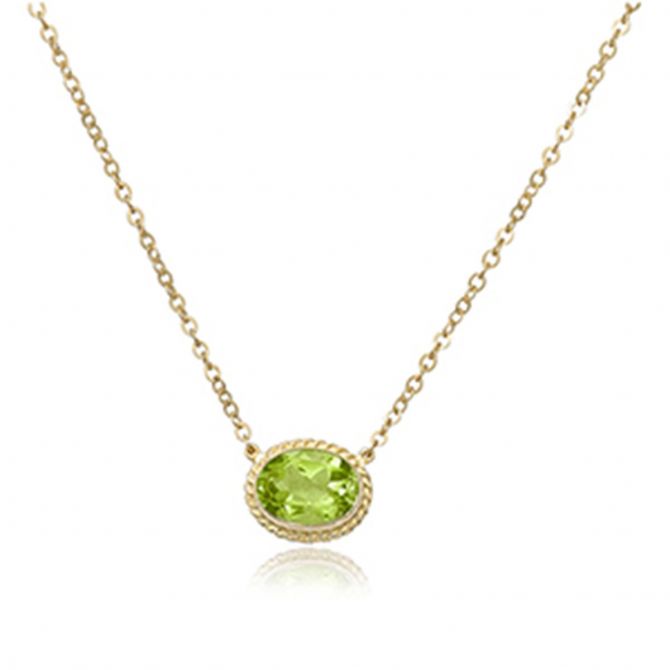 14K Yellow Gold Oval Peridot Rope Bezel Set Necklace, 19"