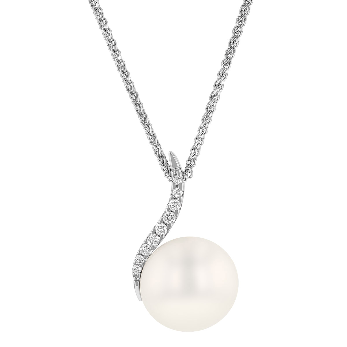 Freshwater Cultured Pearl & Diamond Swirl Pendant Necklace in White Gold