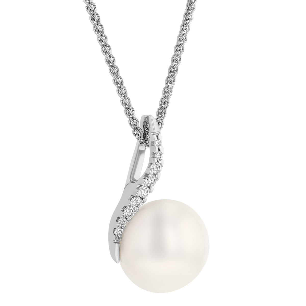 Freshwater Cultured Pearl & Diamond Swirl Pendant Necklace in White Gold