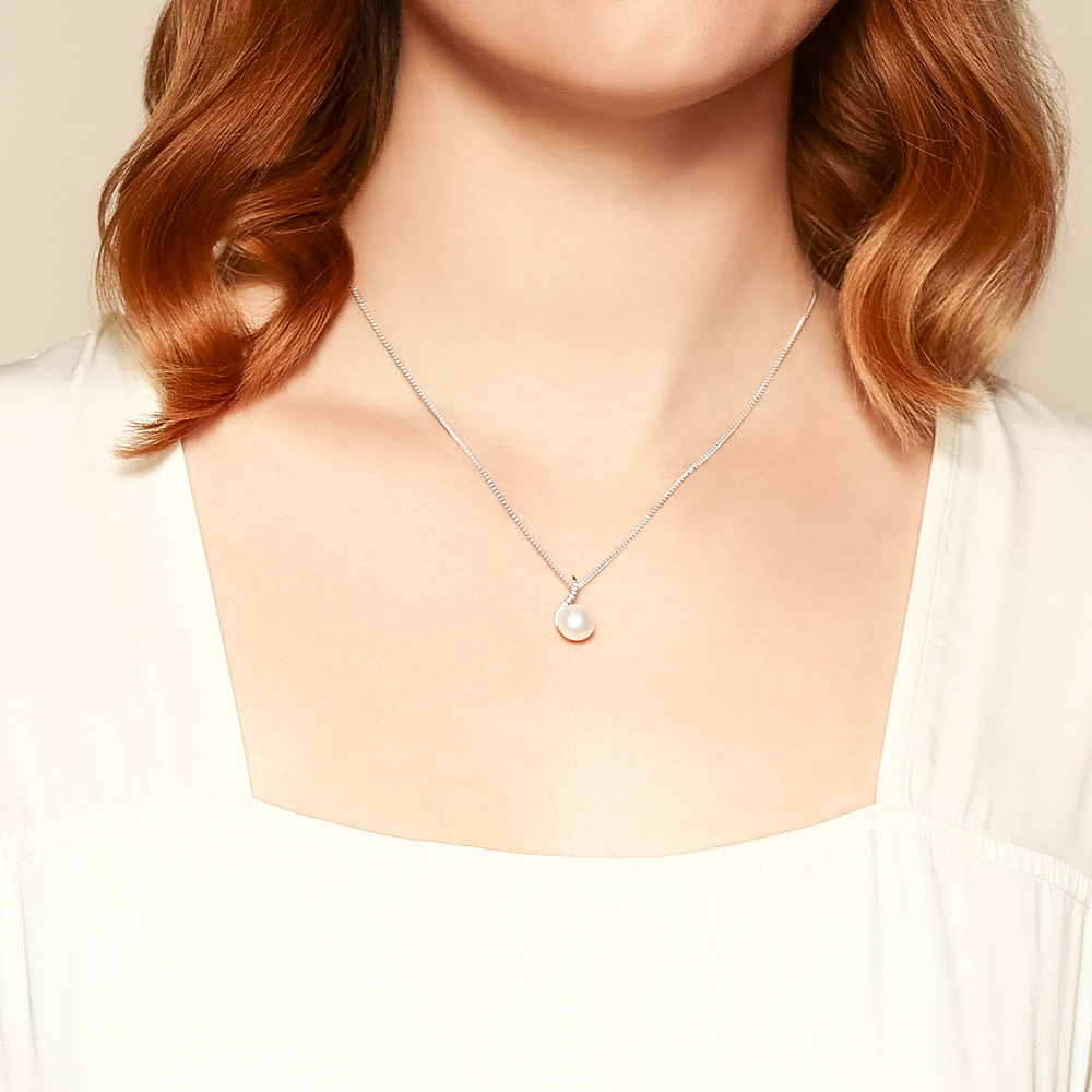Freshwater Cultured Pearl & Diamond Swirl Pendant Necklace in White Gold