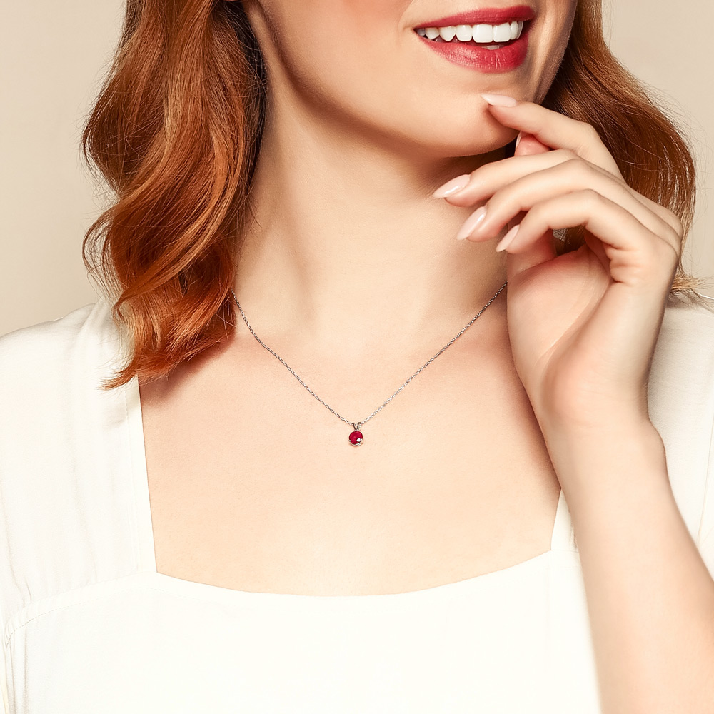 14K White Gold Round Ruby Pendant, 18