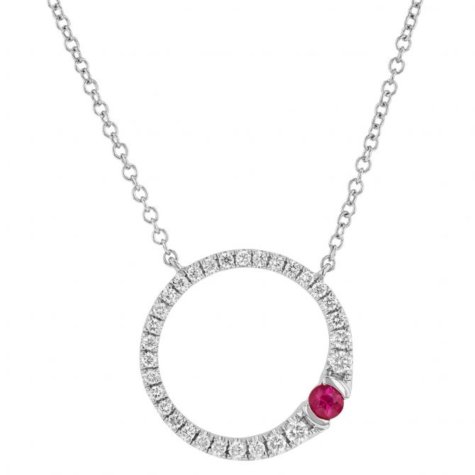 Ruby & Diamond Graduated Open Circle Pendant in White Gold, 18"