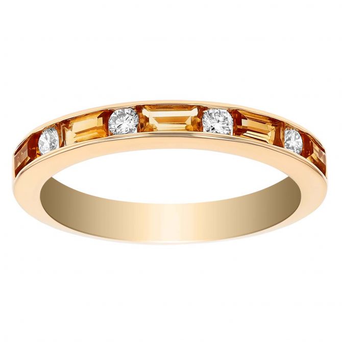 Baguette Citrine & Diamond Alternating Channel Set Ring in Yellow Gold