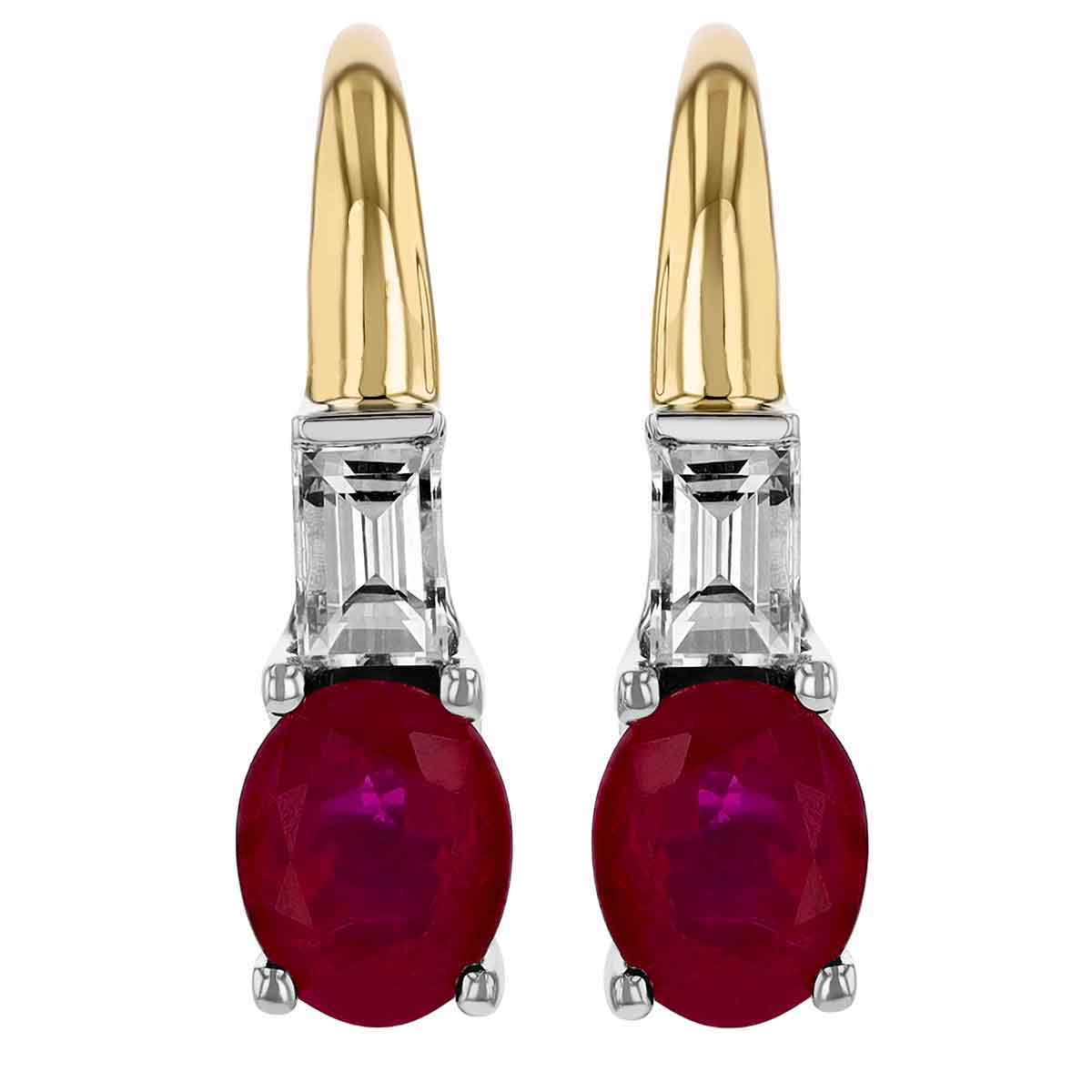 Oval Ruby & Emerald Cut Diamond Drop Earrings in White & Yellow Gold