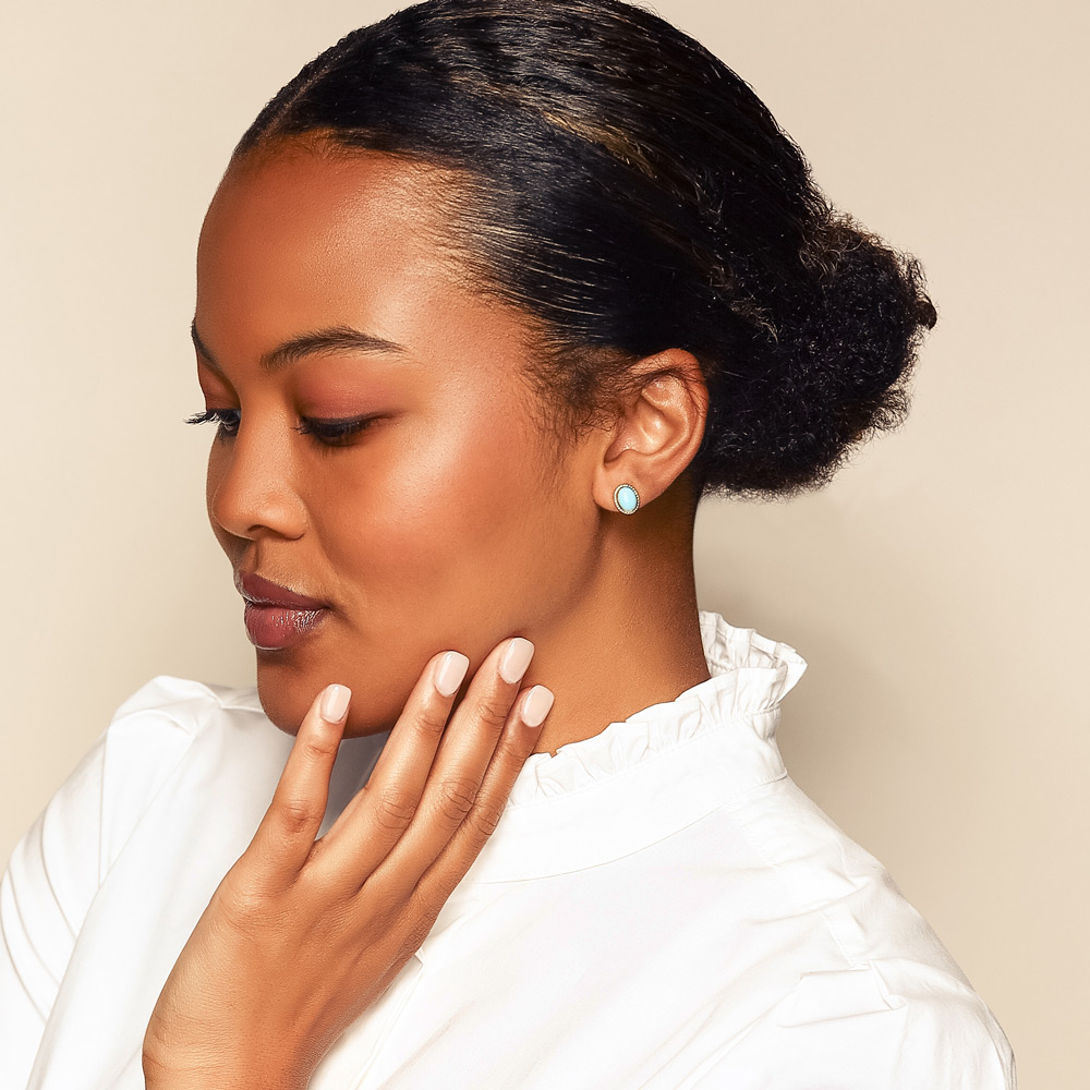 Oval Cabochon Turquoise Rope Bezel Stud Earrings in Yellow Gold