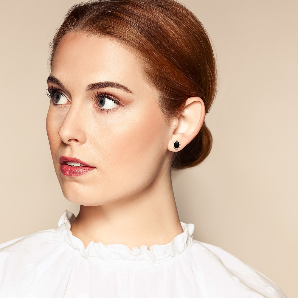 Oval Black Onyx Post Earrings with Rope Edge Bezel in Yellow Gold