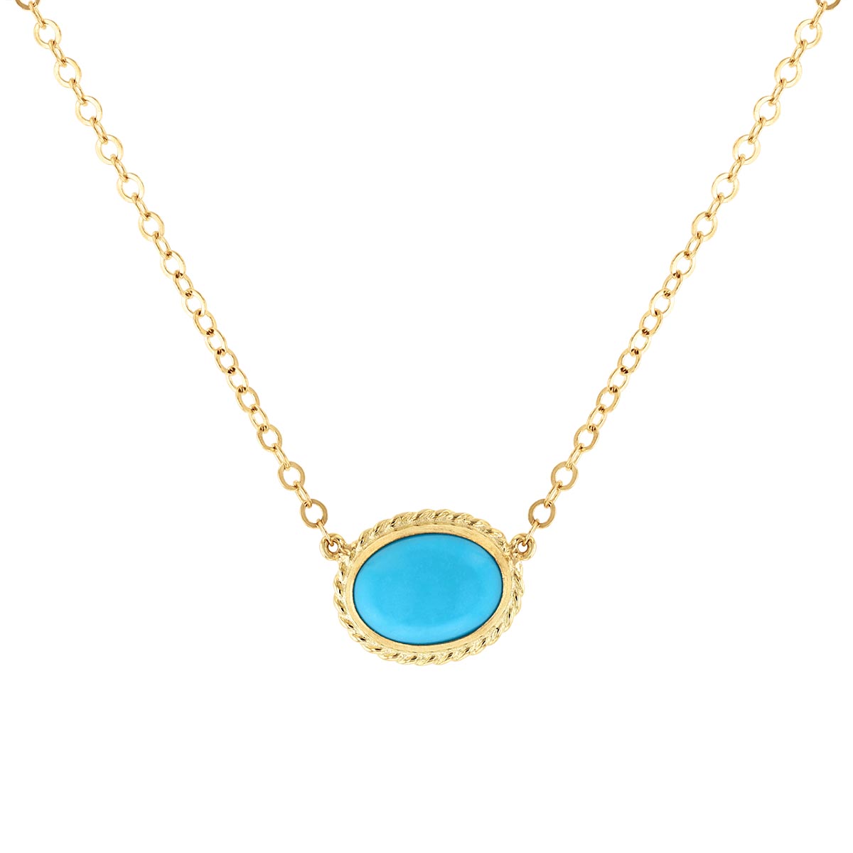 Yellow Gold Oval Cabochon Turquoise Rope Bezel Necklace, 19