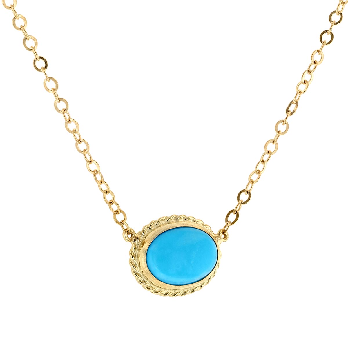 Yellow Gold Oval Cabochon Turquoise Rope Bezel Necklace, 19