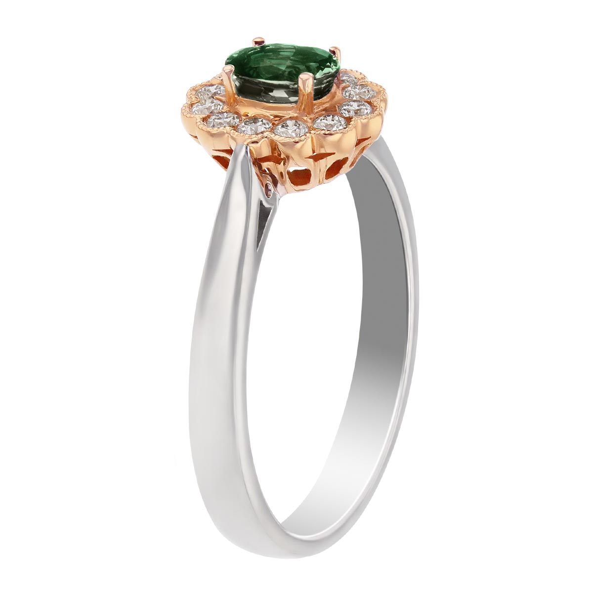 Oval Alexandrite Ring with Diamond Scalloped Halo In Rose Gold with White Gold Shank