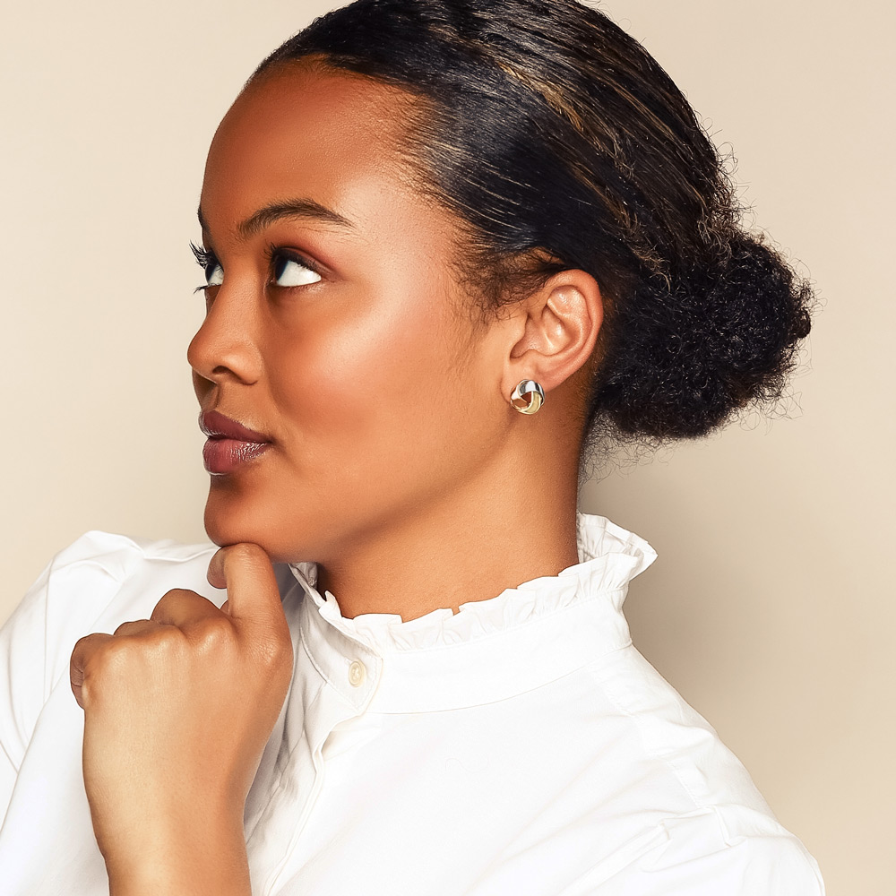 Tri Tone Love Knot Earrings in Yellow, White, & Rose Gold