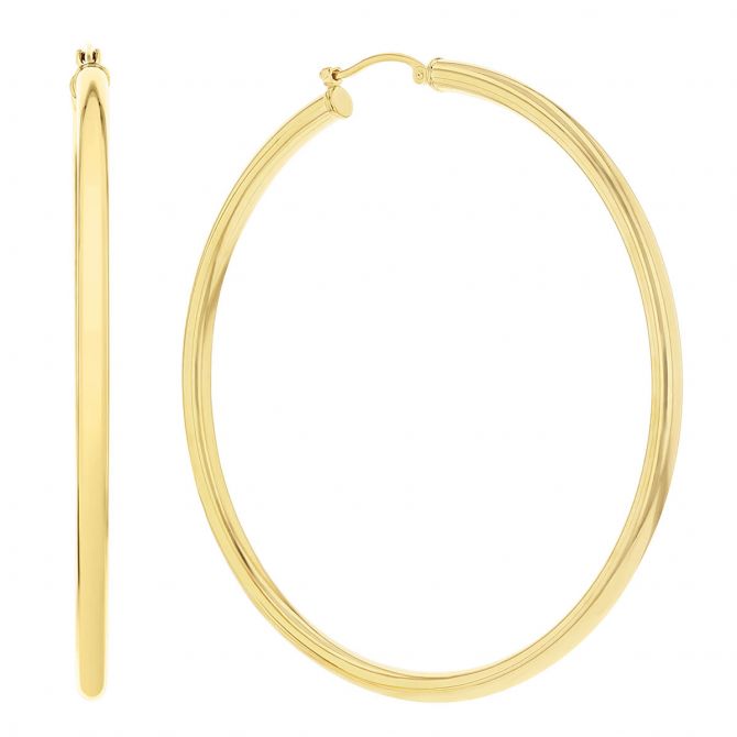 Yellow Gold Tube Hoop Earrings, 3 x 60 mm