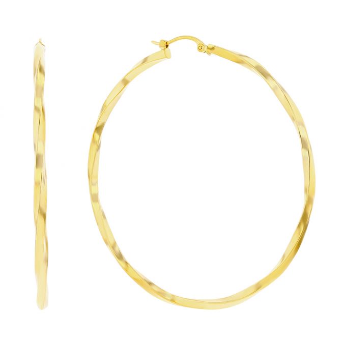 Yellow Gold Twisted Square Edge Hoop Earrings, 1.8 x 50 mm