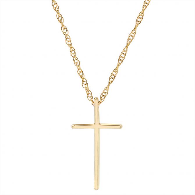 14K Yellow Gold High Polish Cross Pendant, 18"
