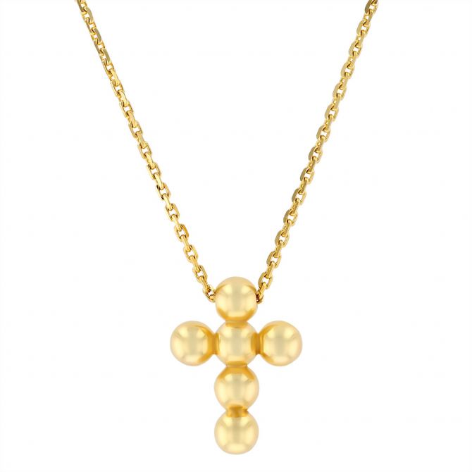 Small Bead Cross Pendant in Yellow Gold, 18"