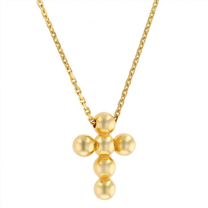 Small Bead Cross Pendant in Yellow Gold, 18"