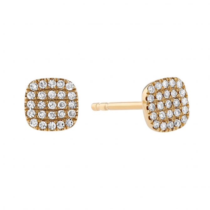 Diamond Pavé Cluster Cushion Shaped Stud Earrings in Yellow Gold