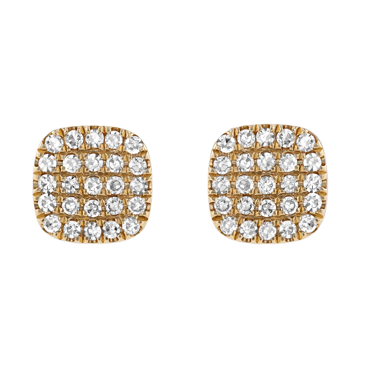 Diamond Pavé Cluster Cushion Shaped Stud Earrings in Yellow Gold