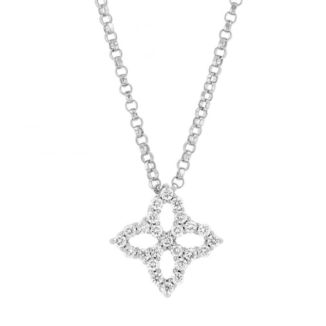 Roberto Coin Open Princess Flower Small White Gold Pendant Necklace with Diamonds, 18"