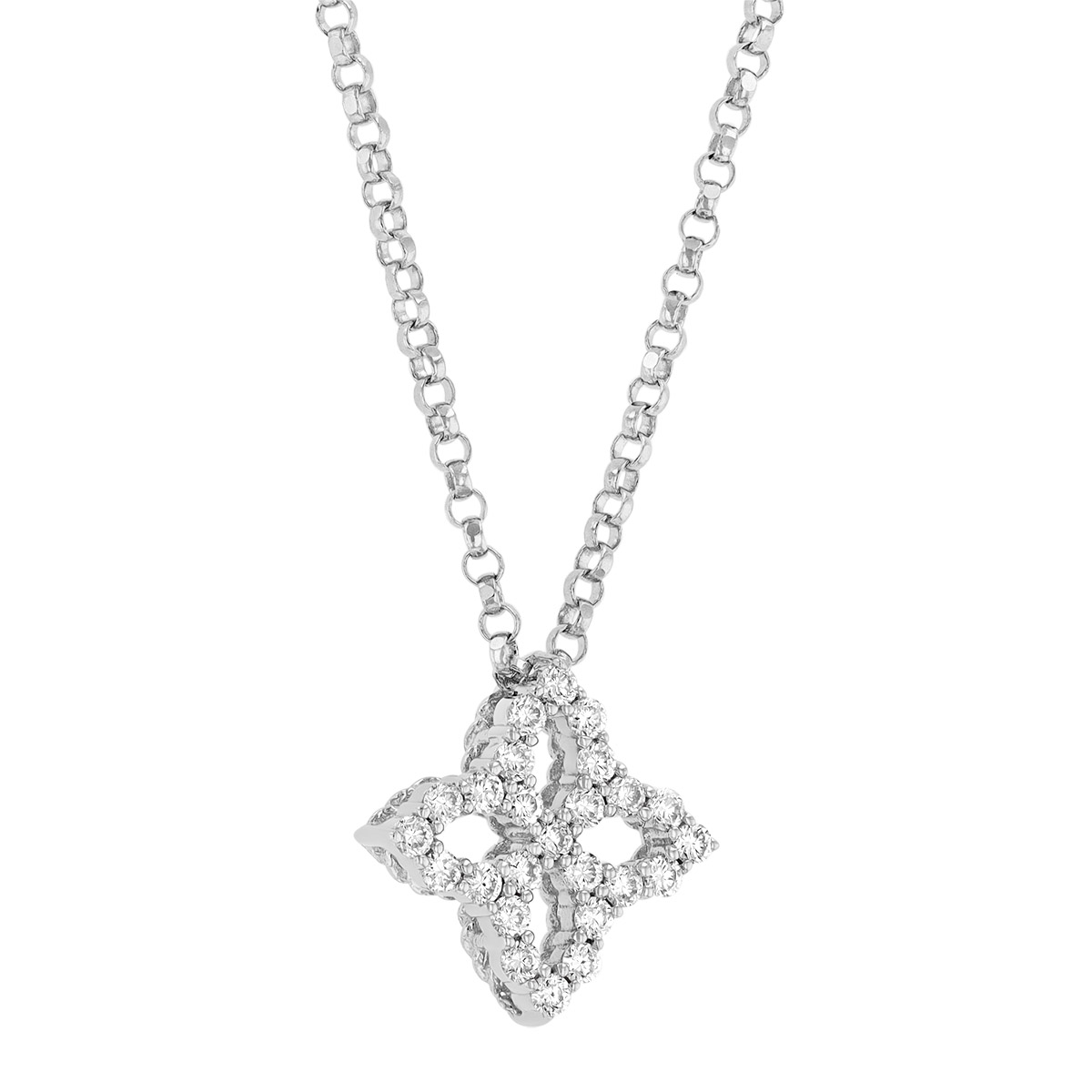 Roberto Coin Open Princess Flower Small White Gold Pendant Necklace with Diamonds, 18