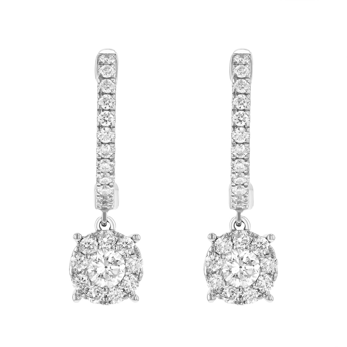 Round Diamond & Halo Drop Hoop Earrings in White Gold