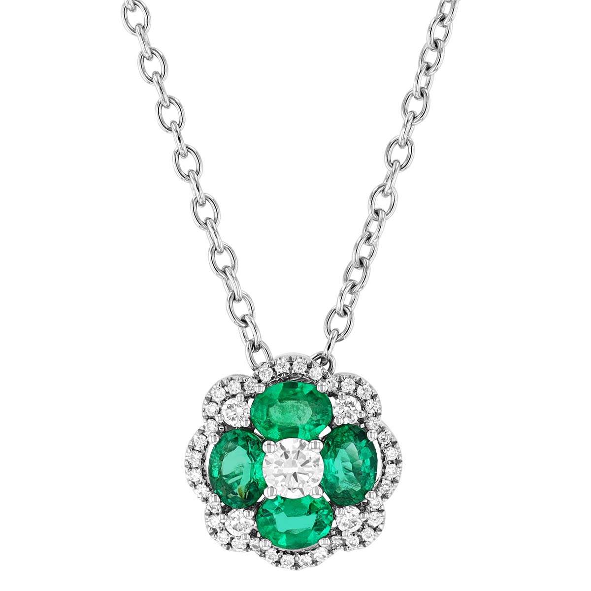 Emerald & Diamond Flower Pendant in White Gold, 18