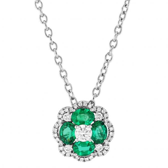 Emerald & Diamond Flower Pendant in White Gold, 18"
