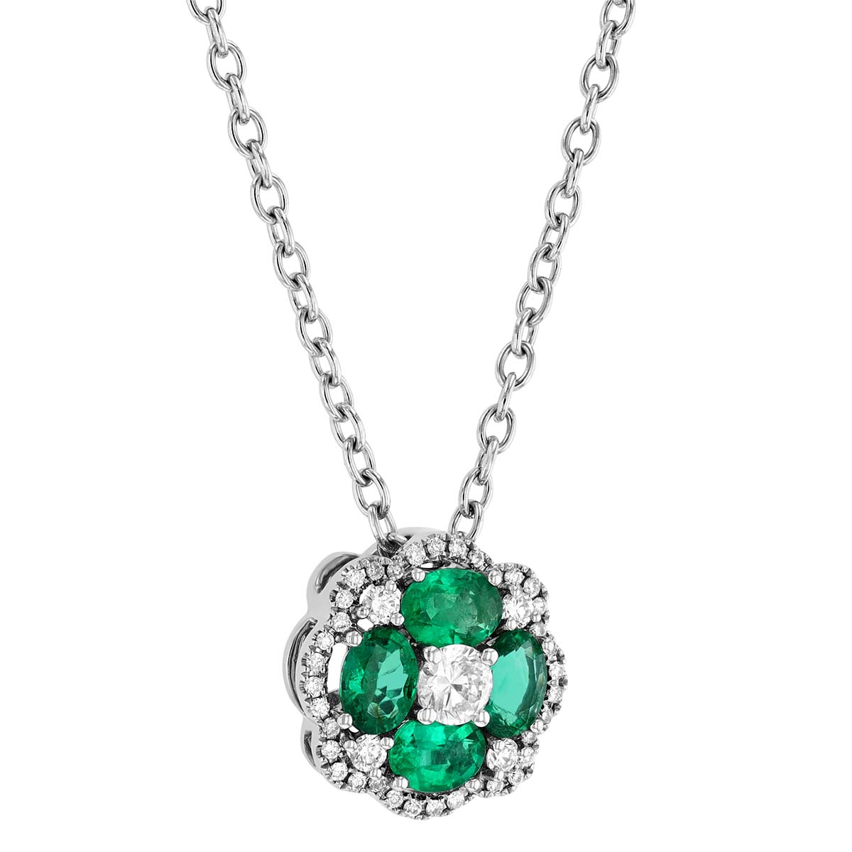 Emerald & Diamond Flower Pendant in White Gold, 18