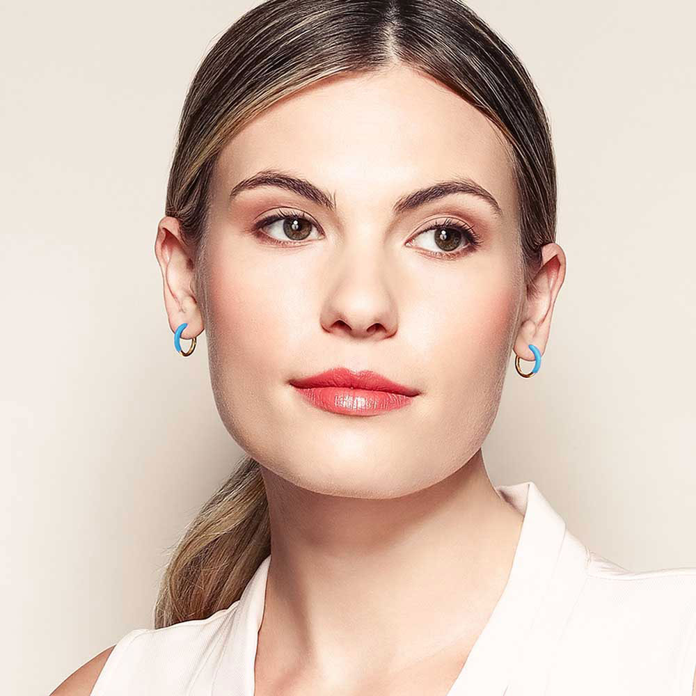 Bright Blue Enamel Hoop Earrings in Yellow Gold