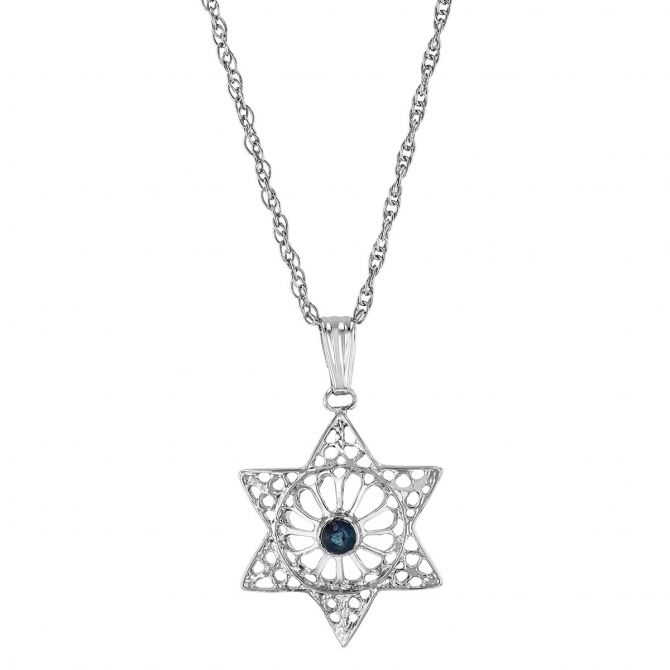 Sterling Silver Star of David Pendant with Sapphire Accent