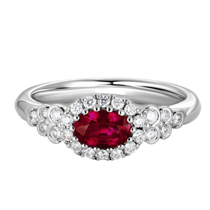 Oval Ruby Diamond Halo & Cluster Side Stone Ring in White Gold