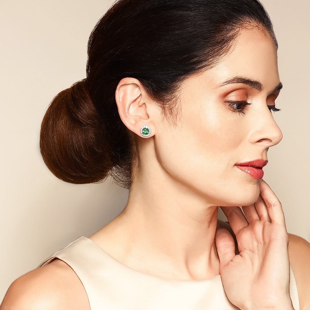 J.B. Star Cushion Cut Emerald & Diamond Halo Stud Earrings in Platinum