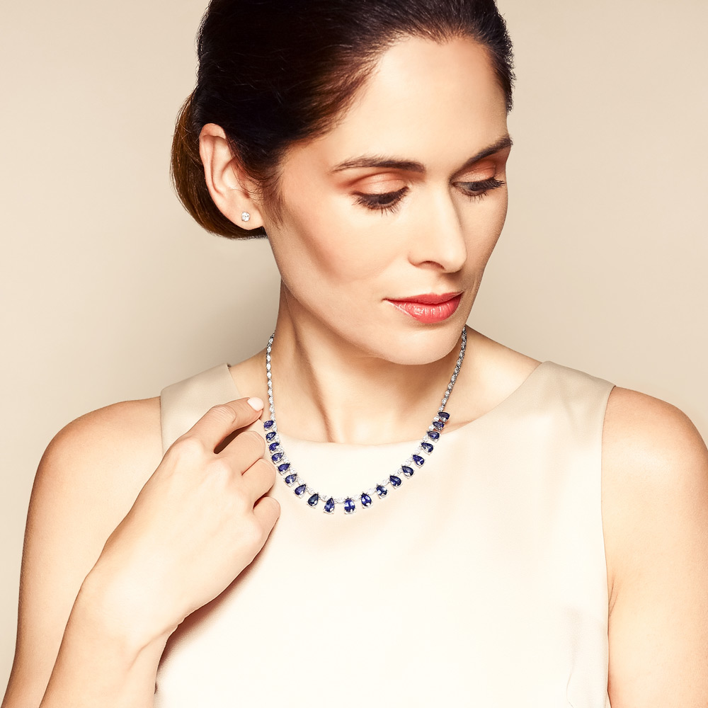 Pear Shaped Sapphire & Marquise Diamond Fringe Necklace in White Gold, 17