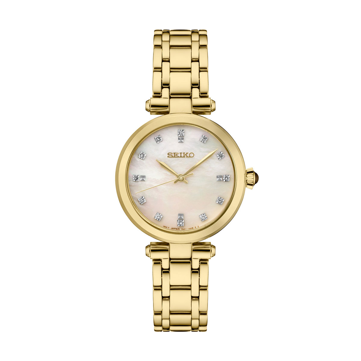 Seiko Diamonds 30mm Gold Tone Watch, Pink Mother of Pearl Dial | SRZ536 |  Borsheims