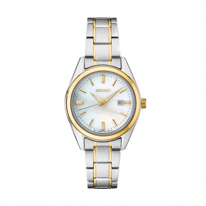 Seiko Essentials 29.8mm Two Tone Watch, Mother of Pearl Gold Tone Dial