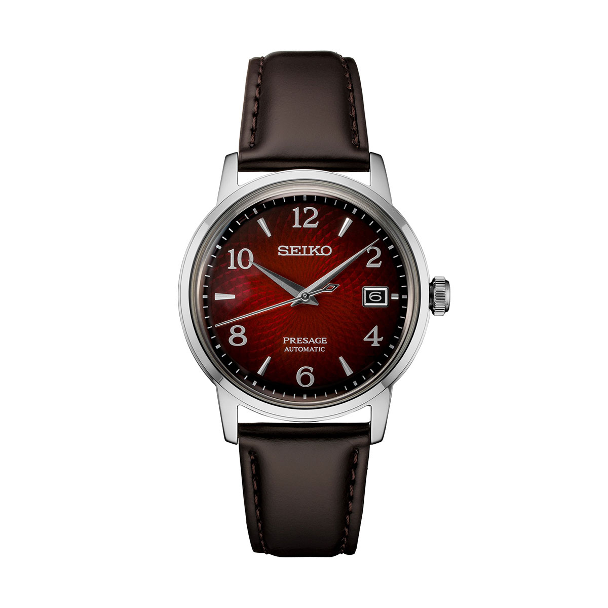 Seiko Presage Cocktail Time  Dark Brown Leather Watch, Gradated Deep  Red Dial | SRPE41 | Borsheims