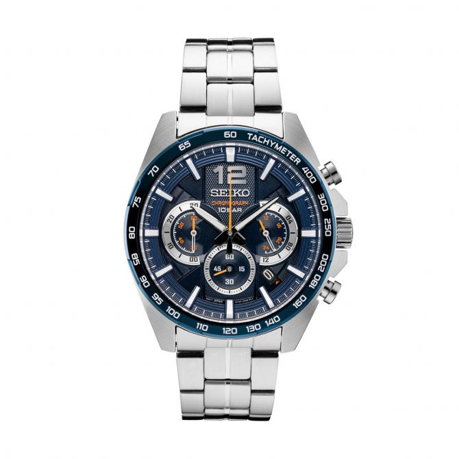 Seiko Essentials 43.9mm Quartz Chronograph Stainless Steel Watch, Blue Multilayered Dial with Orange
