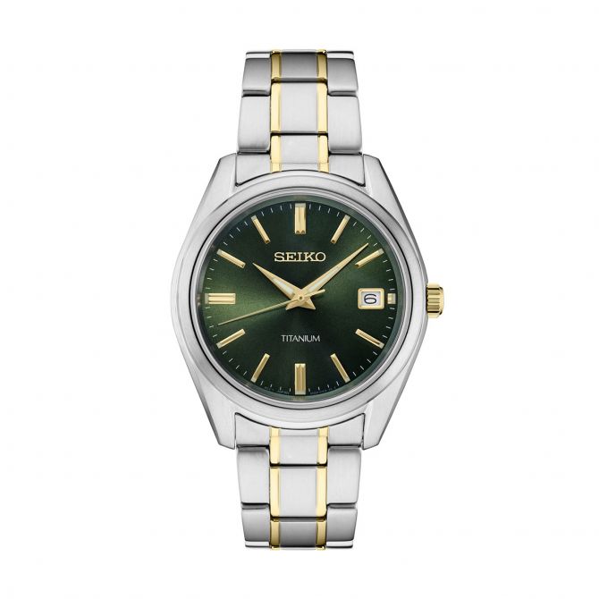 Seiko Essentials  Gold Tone Watch, Green Sunray Dial | SUR377 |  Borsheims