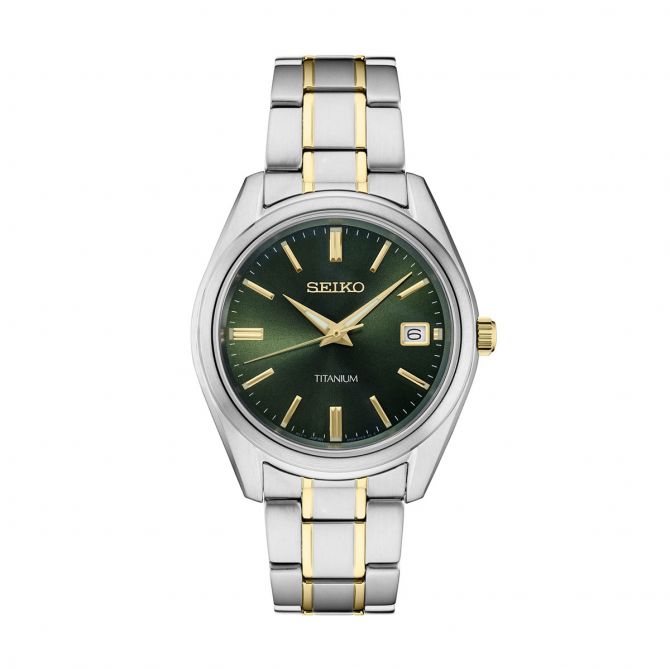 Seiko Essentials 40.2mm Gold Tone Watch, Green Sunray Dial
